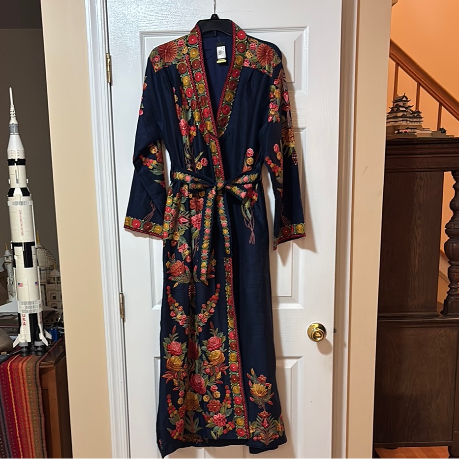 Luxurious Hand Embroidered Floral Belt Tie Robe Autumn Colors Navy Gold Green